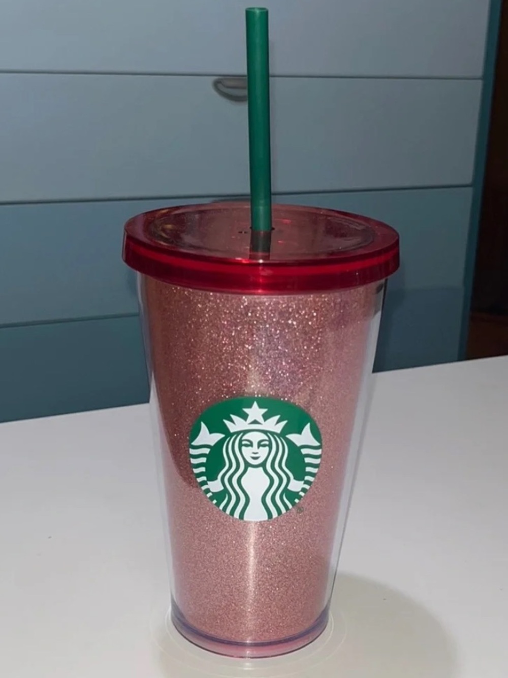Starbucks 16oz glitter pink red cold cup red lid green straw holiday 2014